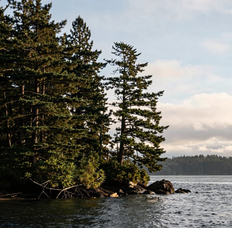 Overcast Pacific Northwest coastline of Bainbridge Island, dense pine trees touching the water, crisp morning light, architectural crop, bleed right.