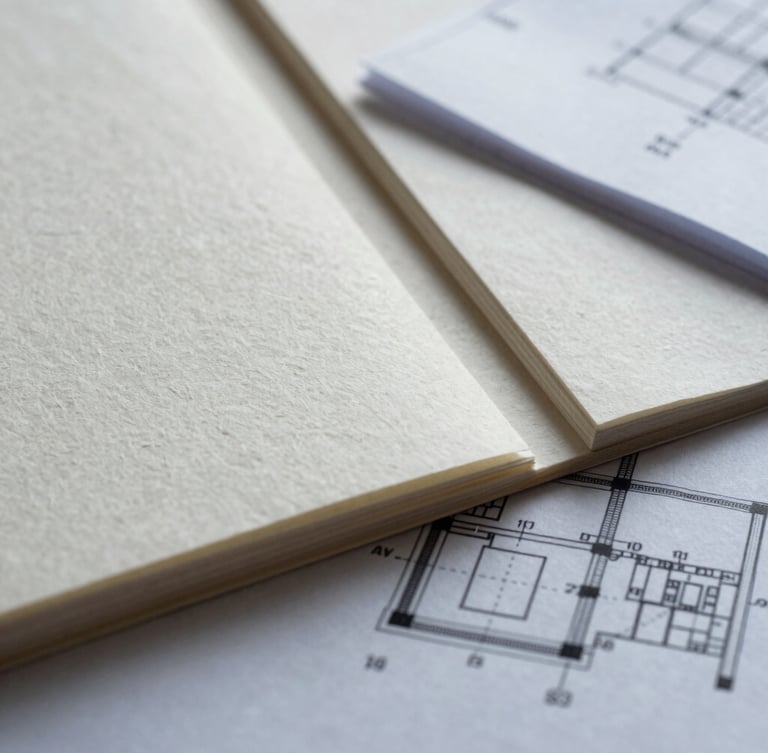 Extreme close-up of tactile design materials, including premium textured paper stocks and structural blueprints, under cool diffused Pacific Northwest daylight.