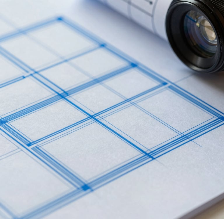 Close-up of tactile architectural blueprint overlaid with sharp sky blue graphic lines, clean studio daylight