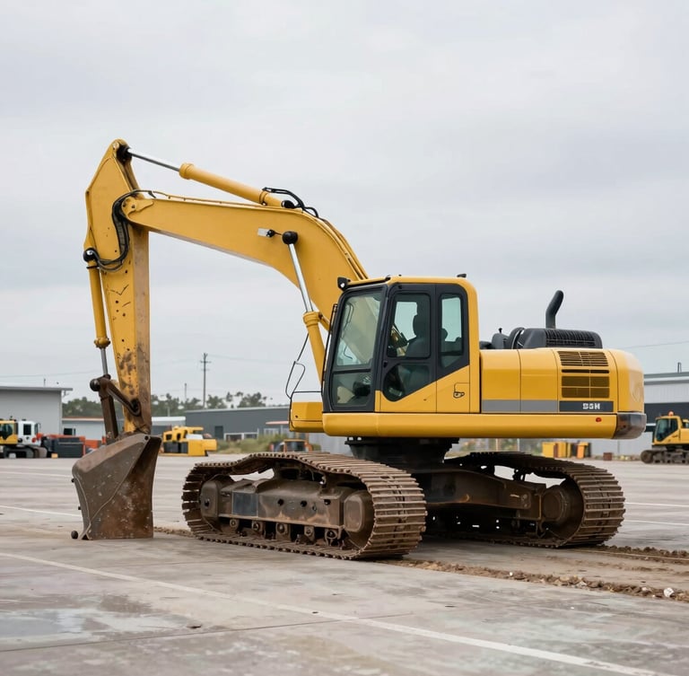 Industrial editorial photography of a massive yellow crawler excavator parked on a clean concrete auction lot, overcast daylight, desaturated steel tones, sharp focus, 35mm