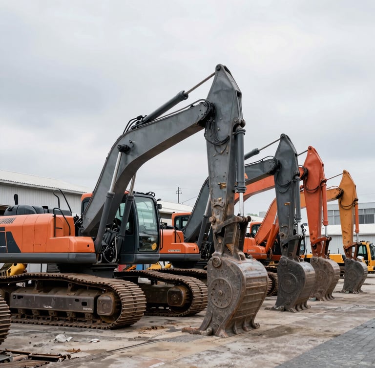 Wide environmental shot of heavy industrial excavators lined up in a Tokyo auction yard, overcast daylight, desaturated steel and safety orange tones, sharp focus, 35mm