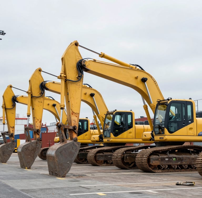 Wide environmental shot of heavy yellow excavators lined up on a Tokyo shipping dock under overcast daylight, sharp focus, industrial editorial style.