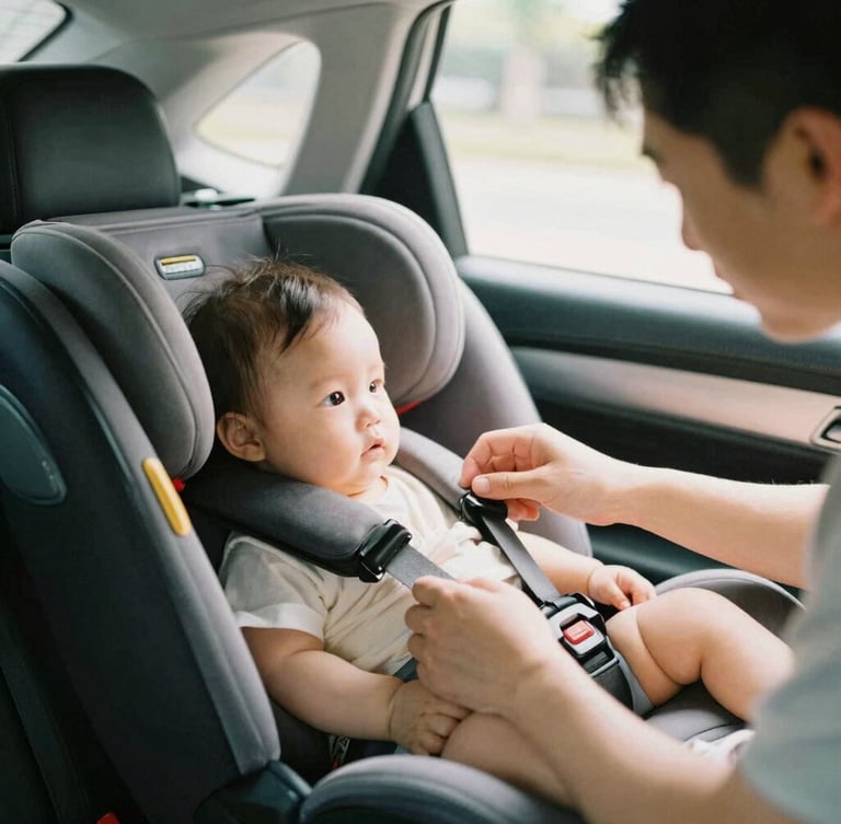 A father lovingly checking the harness of his baby in a car seat, soft warm window light, intimate domestic scene, 35mm film look