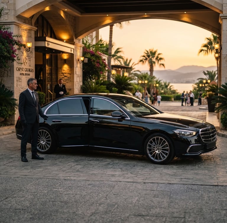 Lüks bir Kıbrıs otelinin girişinde bekleyen parlak siyah Mercedes-Benz S-Serisi, gün batımı ışığında, profesyonel şoför kapıyı açmaya hazır, yan görünüş, geniş açılı, yüksek kontrastlı.