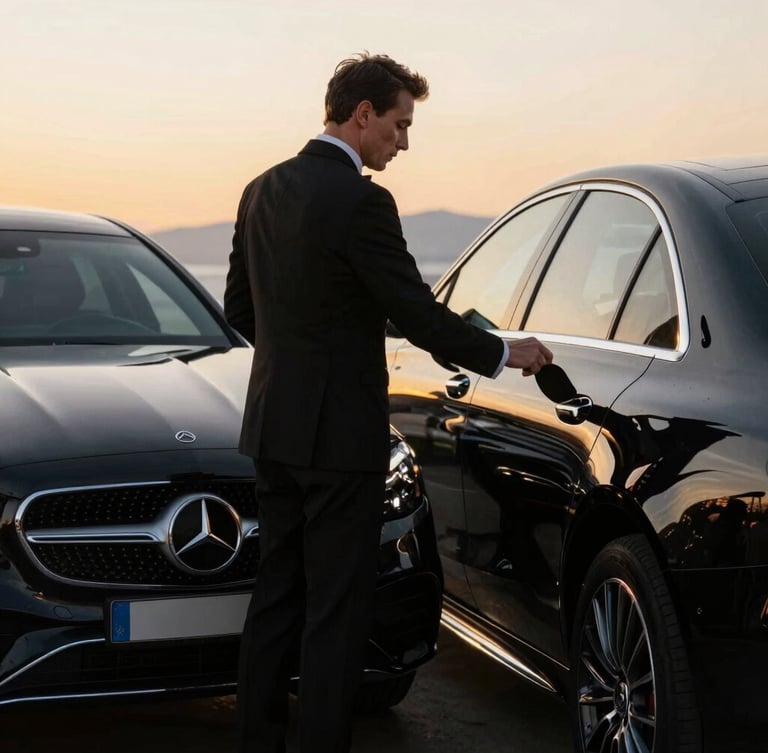 Profesyonel bir şoför, takım elbisesiyle, Mercedes-Benz aracın arka kapısını açıyor, gün batımı ışığında, Kuzey Kıbrıs'ın lüks otel girişinde.