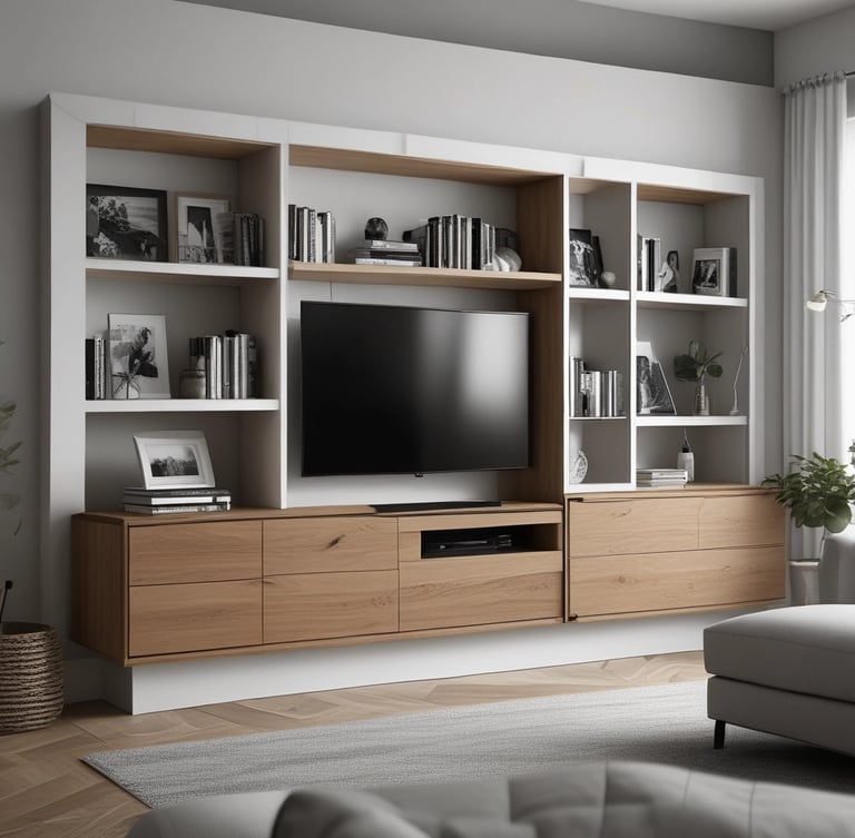 Stylish living room shelving unit made of natural wood with decorative items.