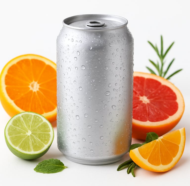 A sleek modern beverage can with condensation beads, surrounded by fresh sliced citrus and botanicals on a crisp white surface, bright studio light, sharp focus