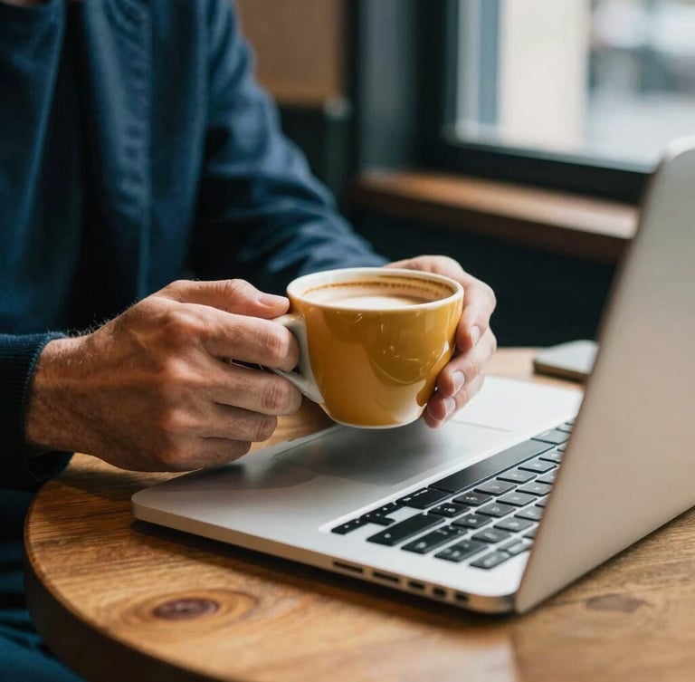 Close-up of hands holding a warm ceramic coffee cup next to an open laptop on a wooden table in a Milanese cafe, soft morning light, warm editorial look.