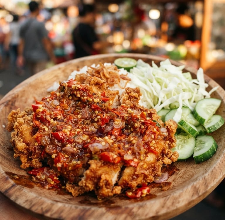 Close-up of crispy smashed chicken topped with vibrant red chili sambal, fresh cabbage and cucumber garnishes on a traditional wooden plate, warm direct daylight, 35mm