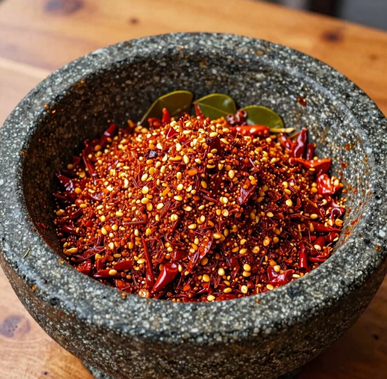 Close-up of a stone mortar (cobek) filled with freshly ground, vibrant red sambal with visible chili seeds and kaffir lime leaves, rustic wooden table background, warm daylight, 35mm