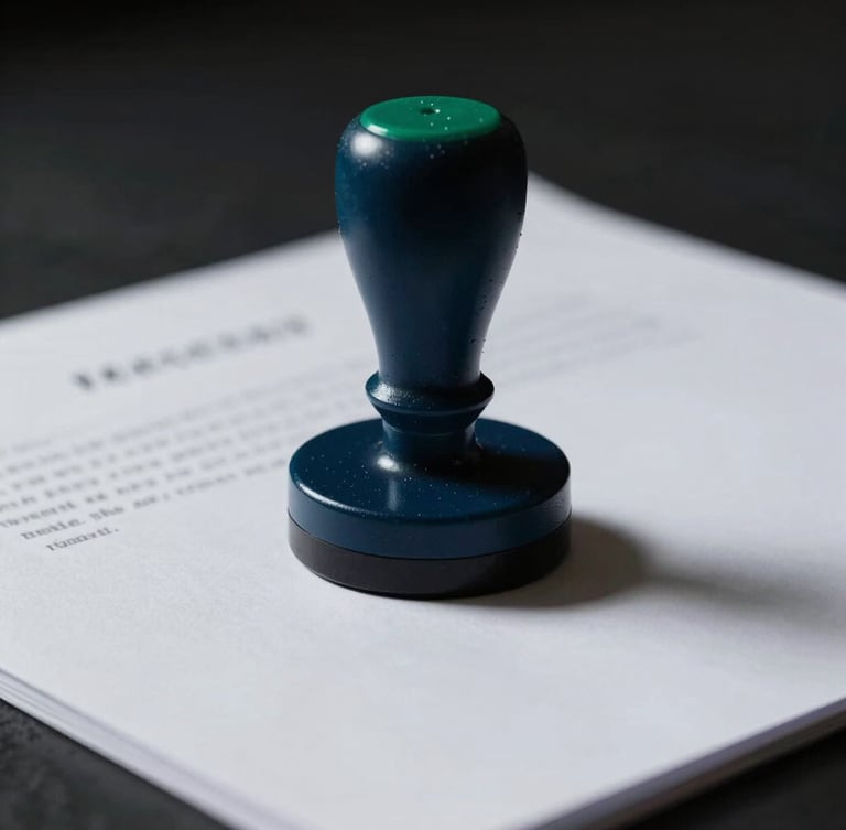 Portrait photo of a legal document being officially stamped, focused on the stamp and the heavy paper, dramatic high-contrast lighting, dark, serious atmosphere, 35mm