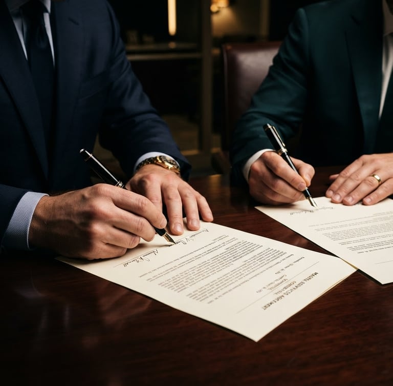 Close-up of two executive hands in tailored suits signing a high-value corporate contract on a dark polished wood table, with a sleek fountain pen. Dramatic, high-contrast executive lighting, deep navy and emerald tones, sharp architectural lines, 35mm. Focus on the signatures and official documents.