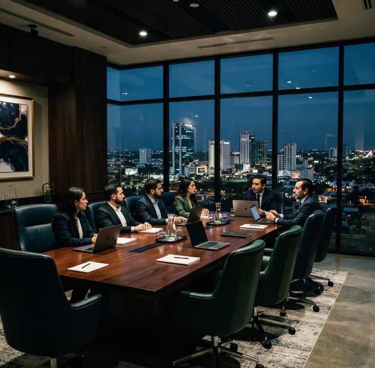 Amplia sala de juntas ejecutiva moderna, con una mesa de madera oscura pulida y sillas de cuero, grandes ventanales con vista a un centro de negocios en Villahermosa, Tabasco. Iluminación dramática de alto contraste, tonos azul marino y verde esmeralda, líneas arquitectónicas nítidas, estilo 35mm.