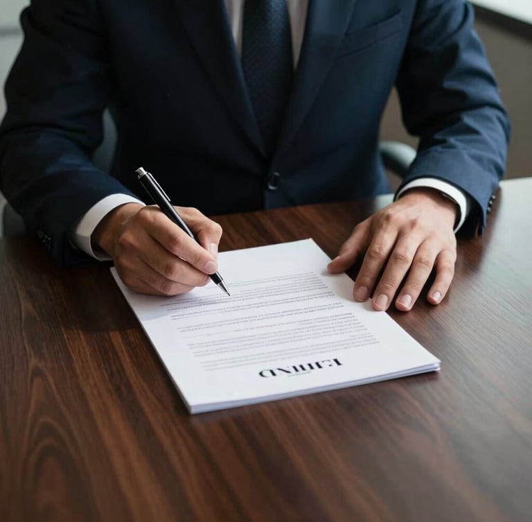 Close-up of hands signing a high-value contract on a polished dark wood boardroom table, dramatic high-contrast executive lighting, sharp architectural shadows, deep navy and emerald tones.
