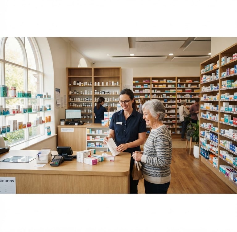 Wide panoramic view of a clean, well-lit pharmacy interior with organized shelves of medicines, a friendly pharmacist assisting a customer at the counter, soft natural light coming from a large window, warm professional tones, 35mm