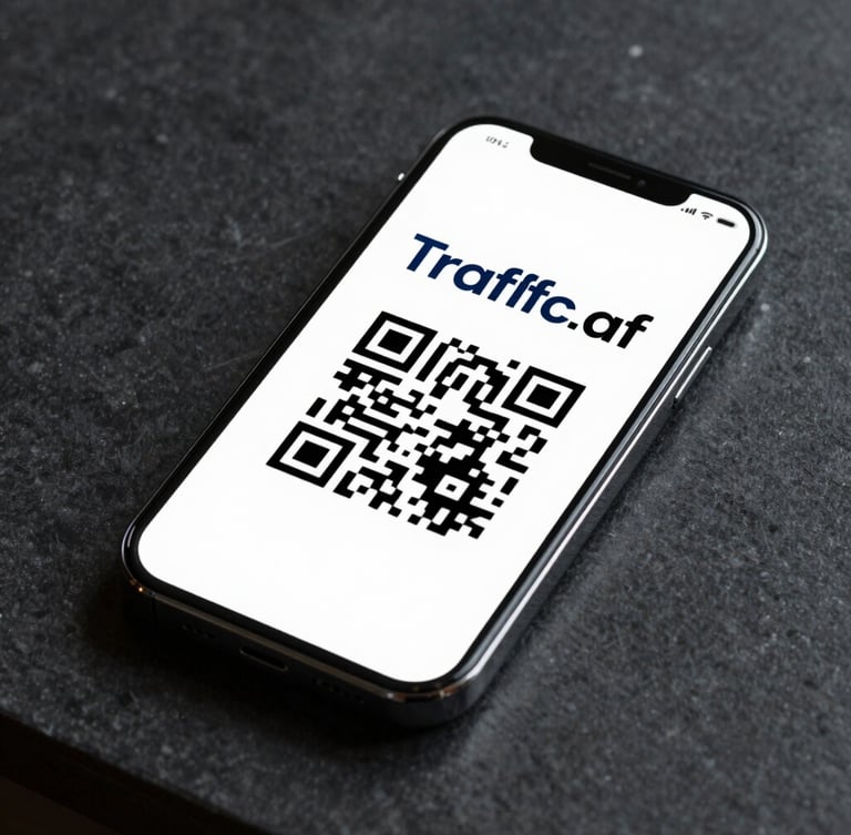 A flat-on studio mockup of a smartphone displaying the official Traffic.af digital registration card with a prominent QR code, sharp high-contrast lighting.