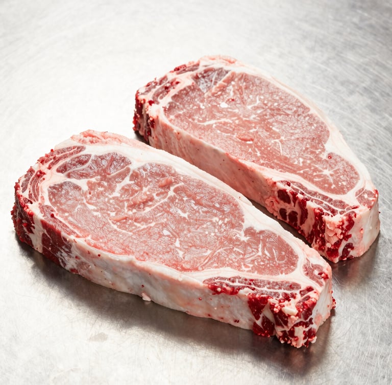 Bright commercial photography of fresh raw beef cuts arranged neatly on a clean stainless steel surface, crisp details, 50mm lens