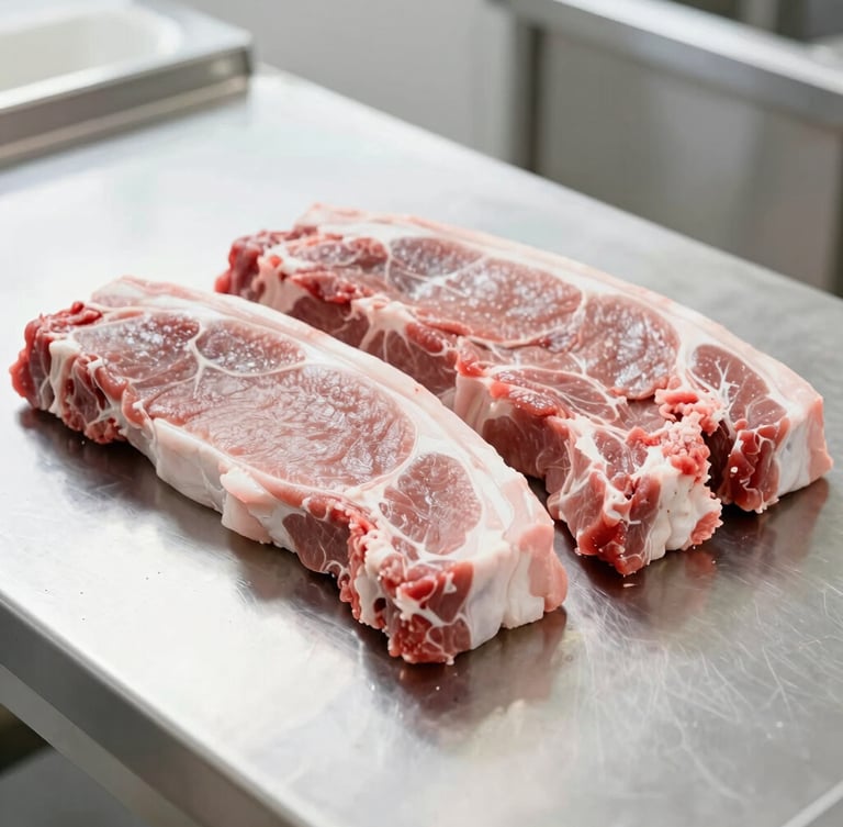 Freshly cut raw pork loin arranged neatly on a clean stainless steel surface in a bright, spotless processing room, crisp daylight, high-key commercial photography.