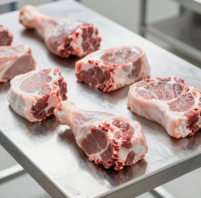 Close-up of fresh raw pork leg and beef cuts arranged neatly on a clean stainless steel table in a bright, spotless processing facility, high-key natural daylight, 50mm lens.