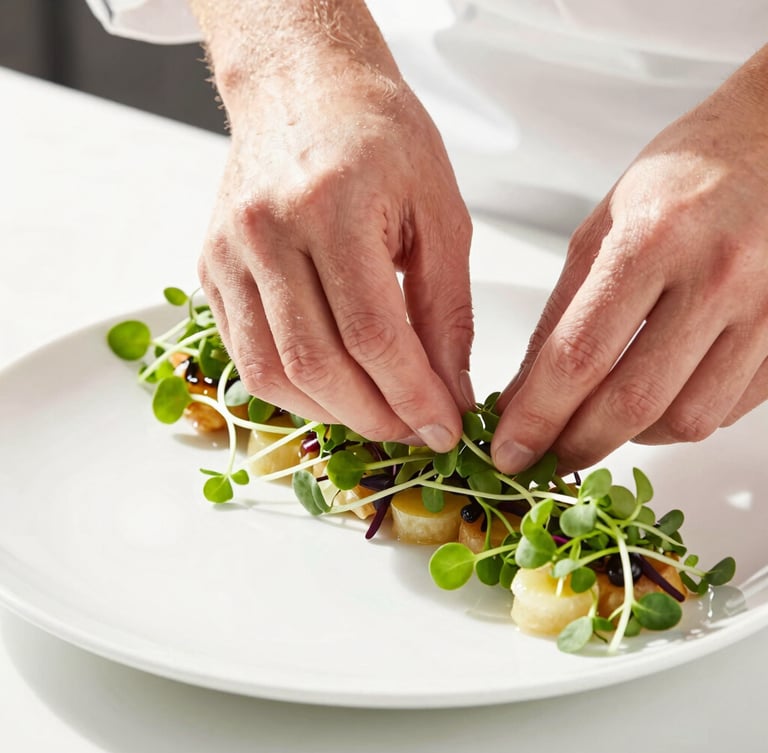 Close-up of chef hands garnishing a beautifully plated catering platter with fresh microgreens, bright high-key natural daylight, clean white background