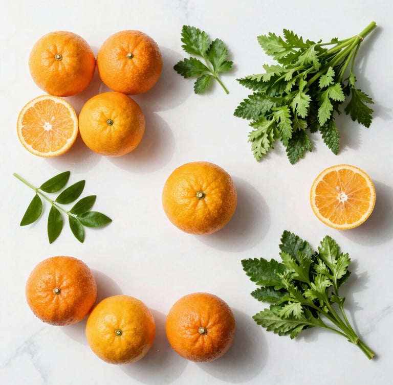 Overhead flat-lay of fresh citrus, vibrant green herbs, and raw ingredients on a clean white marble counter, bright natural daylight, crisp soft shadows