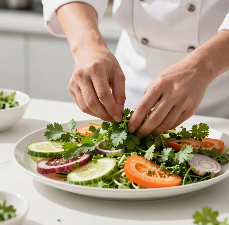 Close-up of chef hands in a bright modern kitchen, garnishing a vibrant catering platter with fresh cilantro, natural daylight, soft shadows, white background