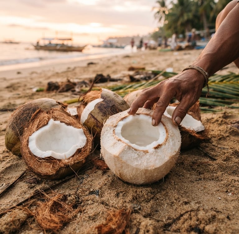 Close-up of fresh, raw coconuts with white flesh, partially husked, on a sandy beach at sunrise, soft natural light, wide panoramic 21:9 frame, a farmer's hand gently touching one coconut, shallow depth of field, warm editorial photography.