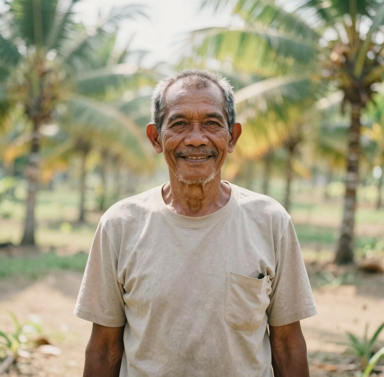 Medium portrait of an elderly Indonesian coconut farmer, Pak Wayan, with a warm smile, standing in his sun-drenched coconut grove, natural morning sunlight, soft organic green and sandy tones, shallow depth of field.