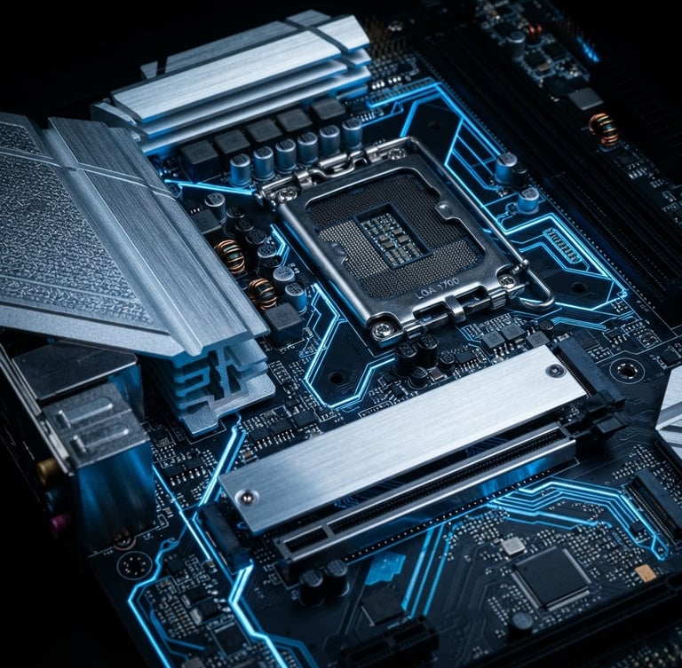 Close-up of a high-performance motherboard with glowing electric blue circuitry, low-key studio lighting, metallic silver reflections, sharp macro details.