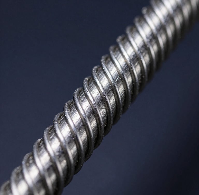 Macro shot of heavy-duty steel wire reinforced industrial hose, high-contrast metallic lighting, deep navy background, 35mm