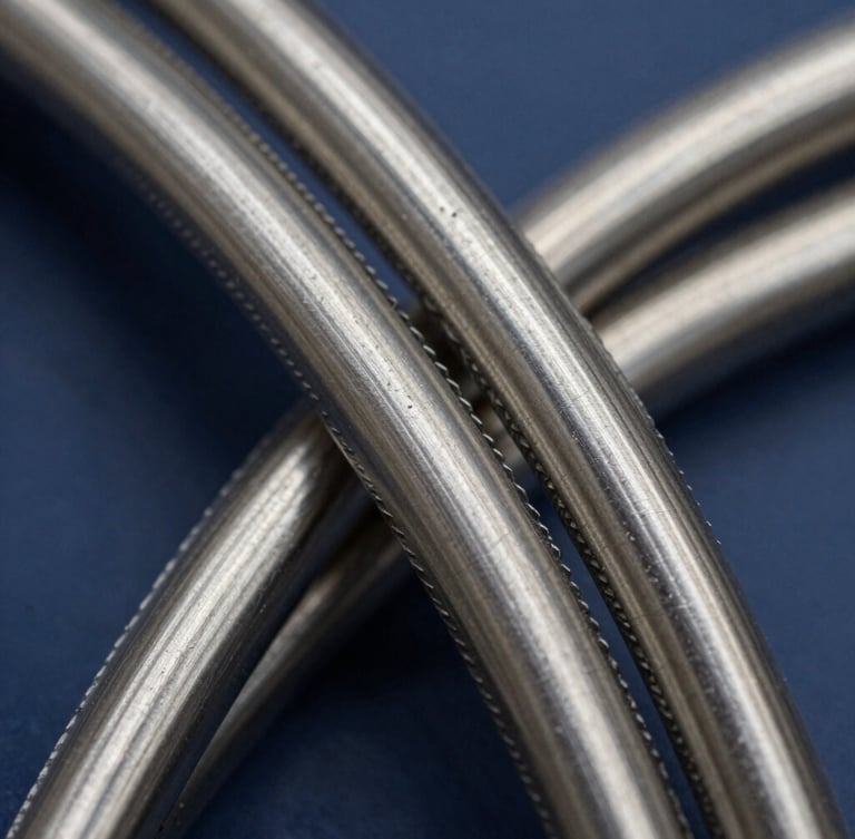Macro shot of high-pressure steel-wire hose braids, showing metallic reflections, deep navy background, cool steel tones, 35mm photography