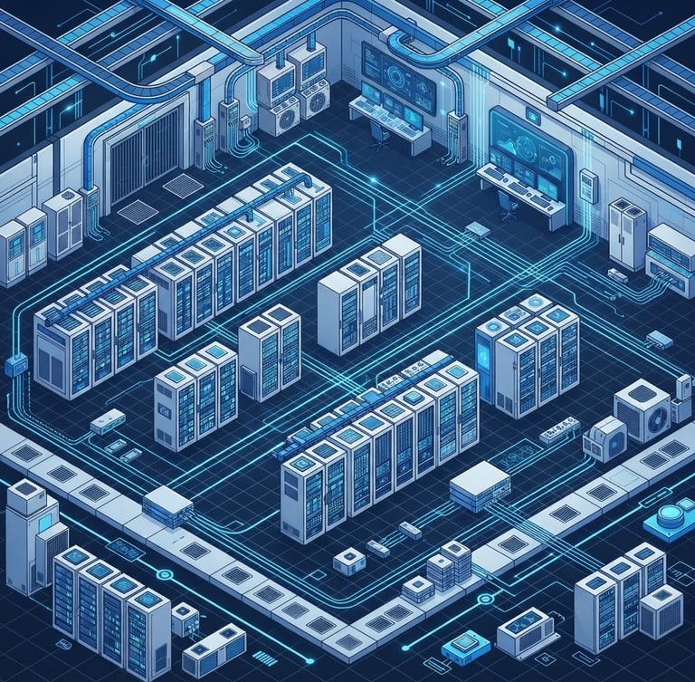 Minimalist vector illustration of an isometric secure data center network with clean blue and silver nodes, sharp geometric lines, high-tech corporate style