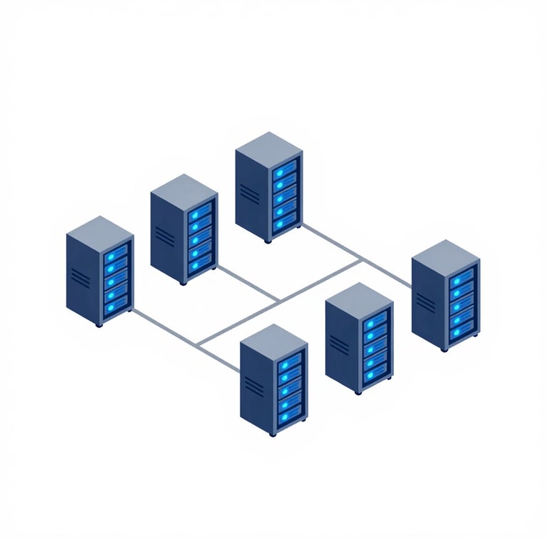 Minimalist vector illustration of a secure cloud data center network topology, clean isometric server racks with glowing blue nodes, silver-grey connection lines on a white background, highly structured and technical.