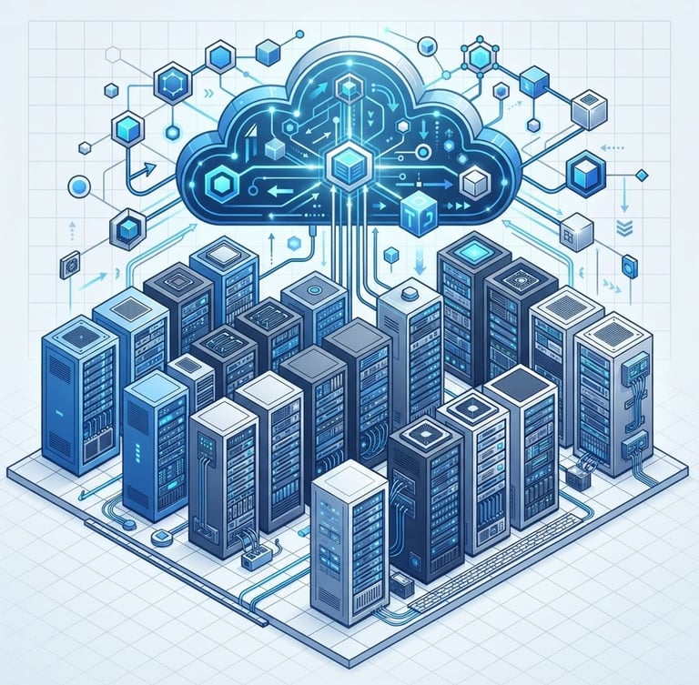 Minimalist vector illustration of clean isometric server racks and cloud architecture schematics, corporate blue and silver palette, sharp geometric lines, high-tech