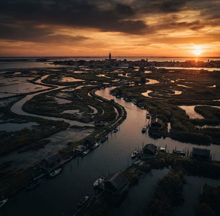 Wide cinematic drone shot of Marano Lagunare lagoon at golden hour, deep moody shadows, rich ochre and charcoal tones, 35mm anamorphic lens