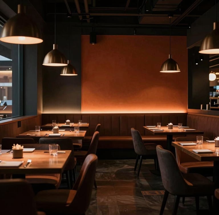 Cinematic interior of a modern regional restaurant, elegant lighting, deep shadows, rich ochre accents, uncrowded composition