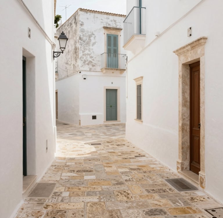 Bright editorial photography of a narrow whitewashed historic alley in Ceglie Messapica, soft morning Mediterranean light casting gentle shadows on the golden limestone pavement, empty and silent.