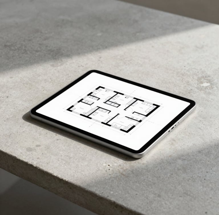 A sleek tablet displaying architectural floor plans on a concrete desk, soft natural shadows, minimalist aesthetic