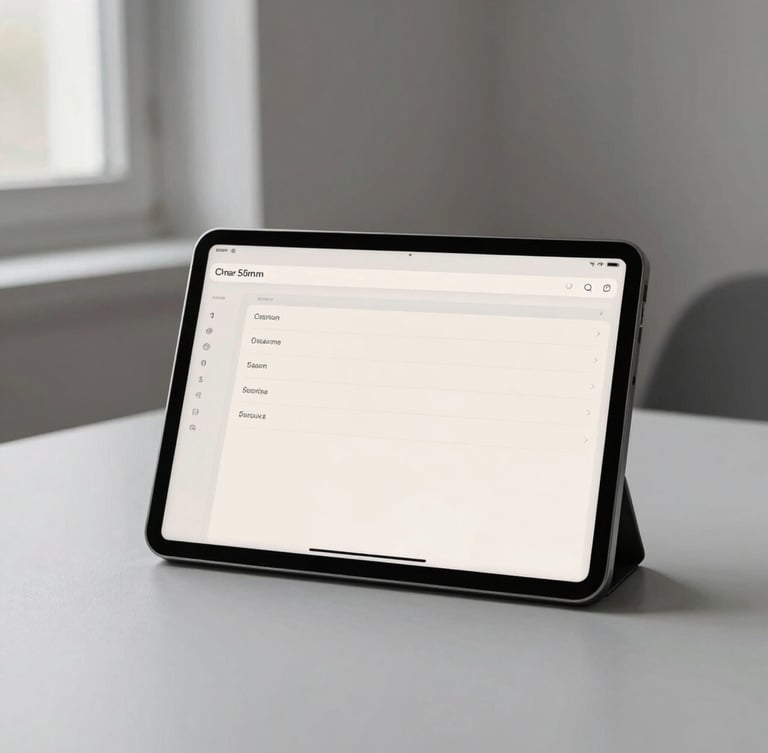 A minimalist workspace setup with a high-resolution tablet displaying a clean digital dashboard, soft natural window light, neutral gray tones, sharp focus, 50mm