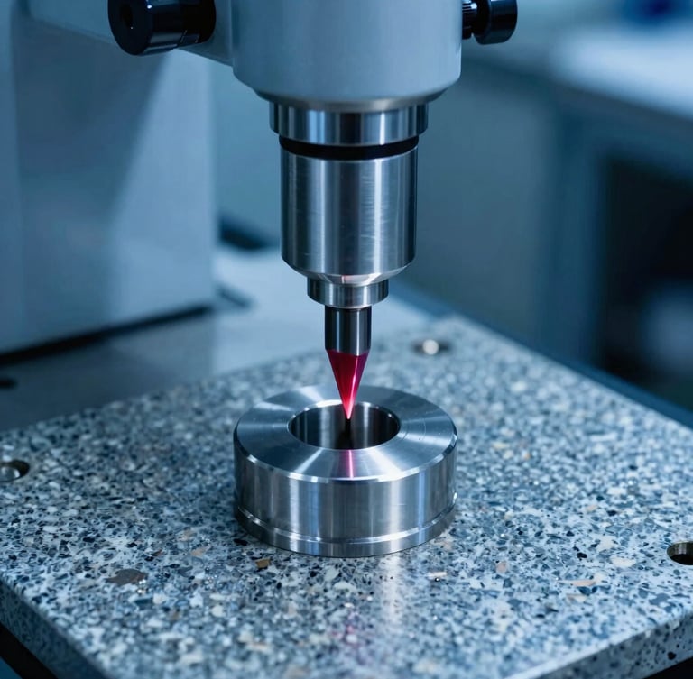 A ruby-tipped CMM probe measuring a machined steel component on a granite surface plate, cool blue industrial lighting, high-contrast