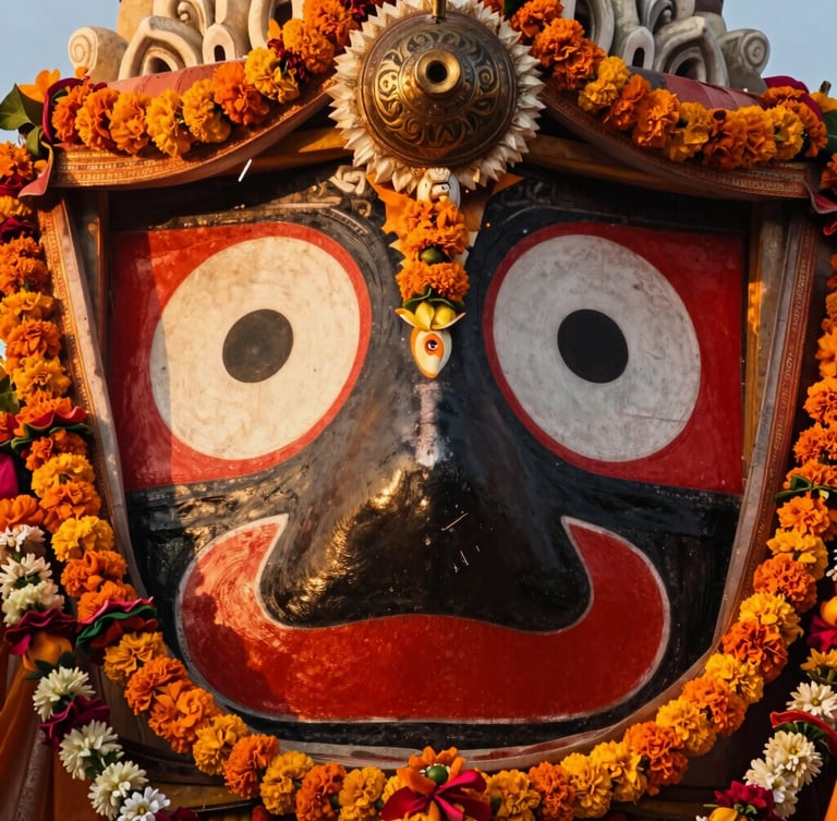 Majestic close-up of Lord Jagannath's large eyes, decorated with traditional vermilion and marigold garlands, warm golden-hour temple torchlight, 35mm lens