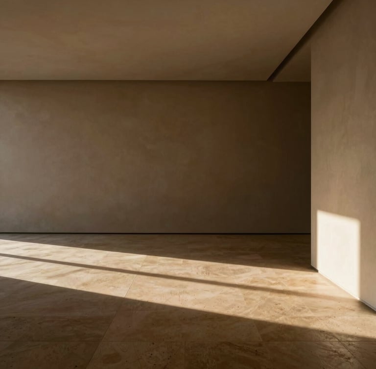Warm minimal interior with precise artificial light paths casting elegant long shadows on a limestone floor, architectural photography, 35mm lens