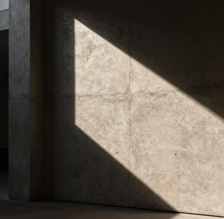 Dramatic architectural crop showing high-contrast light grazing a textured concrete wall, deep shadows, elegant editorial mood, 35mm lens