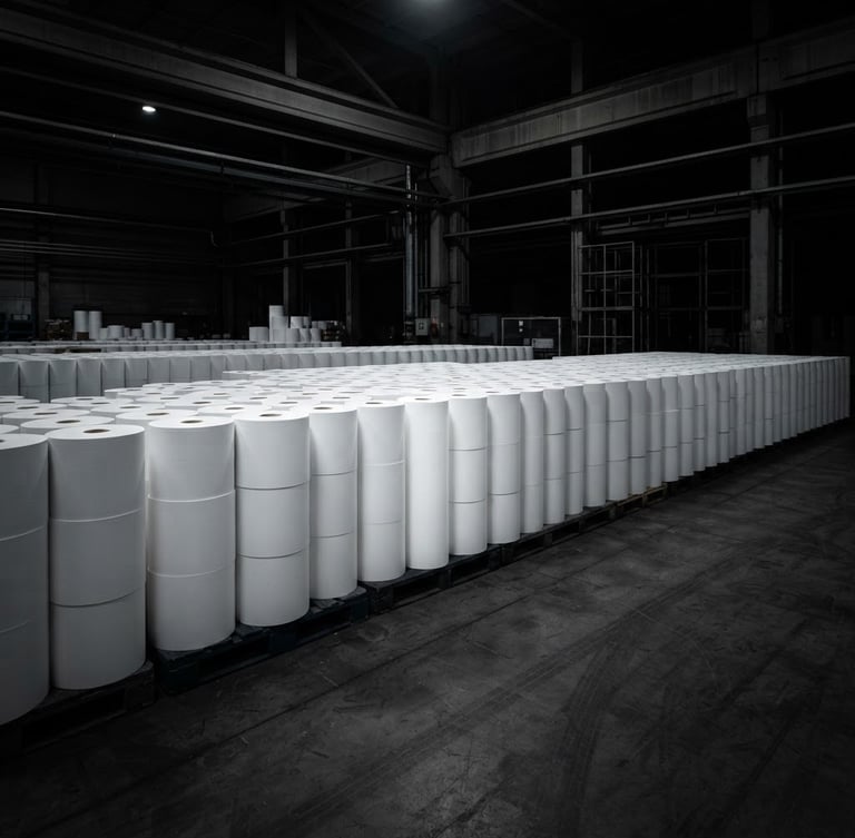 Wide panoramic industrial product photography, dramatic low-key studio lighting, high contrast, deep shadows, crisp white plotter paper rolls perfectly aligned in a warehouse, geometric angles, 50mm lens, a single roll slightly off-center to the left, expansive dark industrial background.