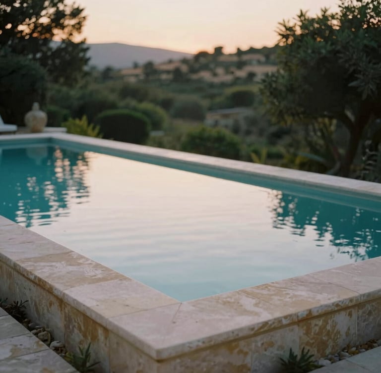 An empty stone infinity pool reflecting the soft dawn light, surrounded by lush Mediterranean greenery, quiet luxury atmosphere, shallow depth of field.