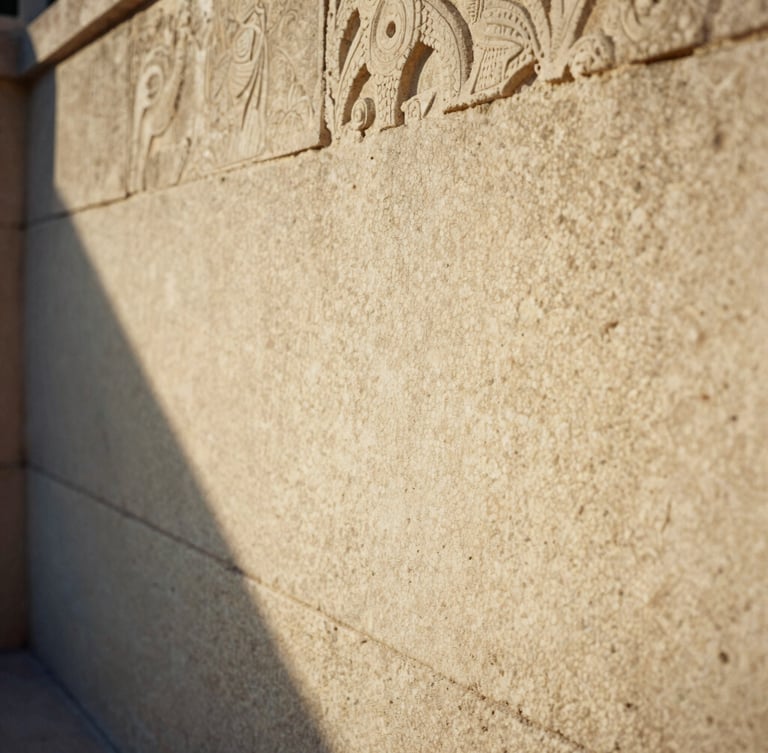 Extreme close-up of hand-carved limestone walls of an ancient estate, soft golden-hour light casting long shadows, warm editorial style, 35mm film.