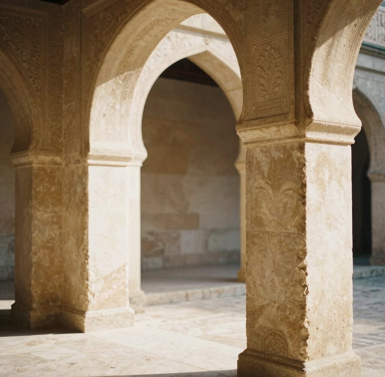 Close-up of hand-carved limestone arches framing a sun-drenched courtyard, warm morning light, soft shadows, 35mm film style