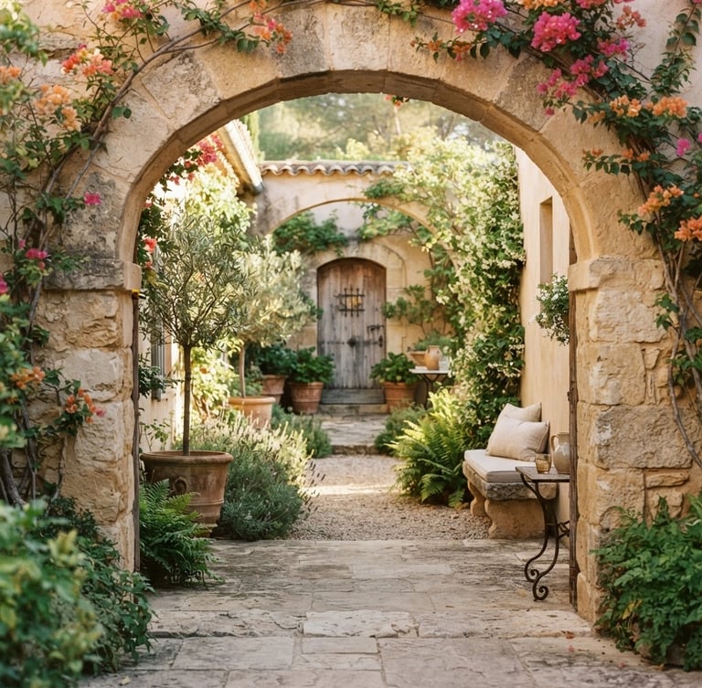 Sun-drenched stone archway of a restored Mediterranean villa, soft morning light reflecting on a quiet courtyard garden, warm editorial photography, 35mm film.