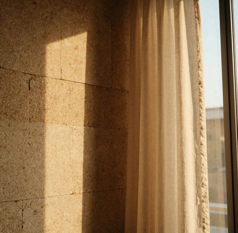 Close-up of ancient hand-laid limestone walls meeting smooth modern linen drapery, warm golden-hour light filtering through a tall window, architectural detail.
