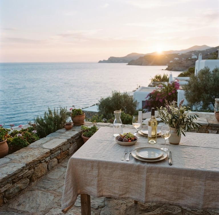 Low-contrast cinematic shot of a linen-draped table on a stone terrace overlooking the calm Mediterranean sea at dawn, soft golden hour light, 35mm film.